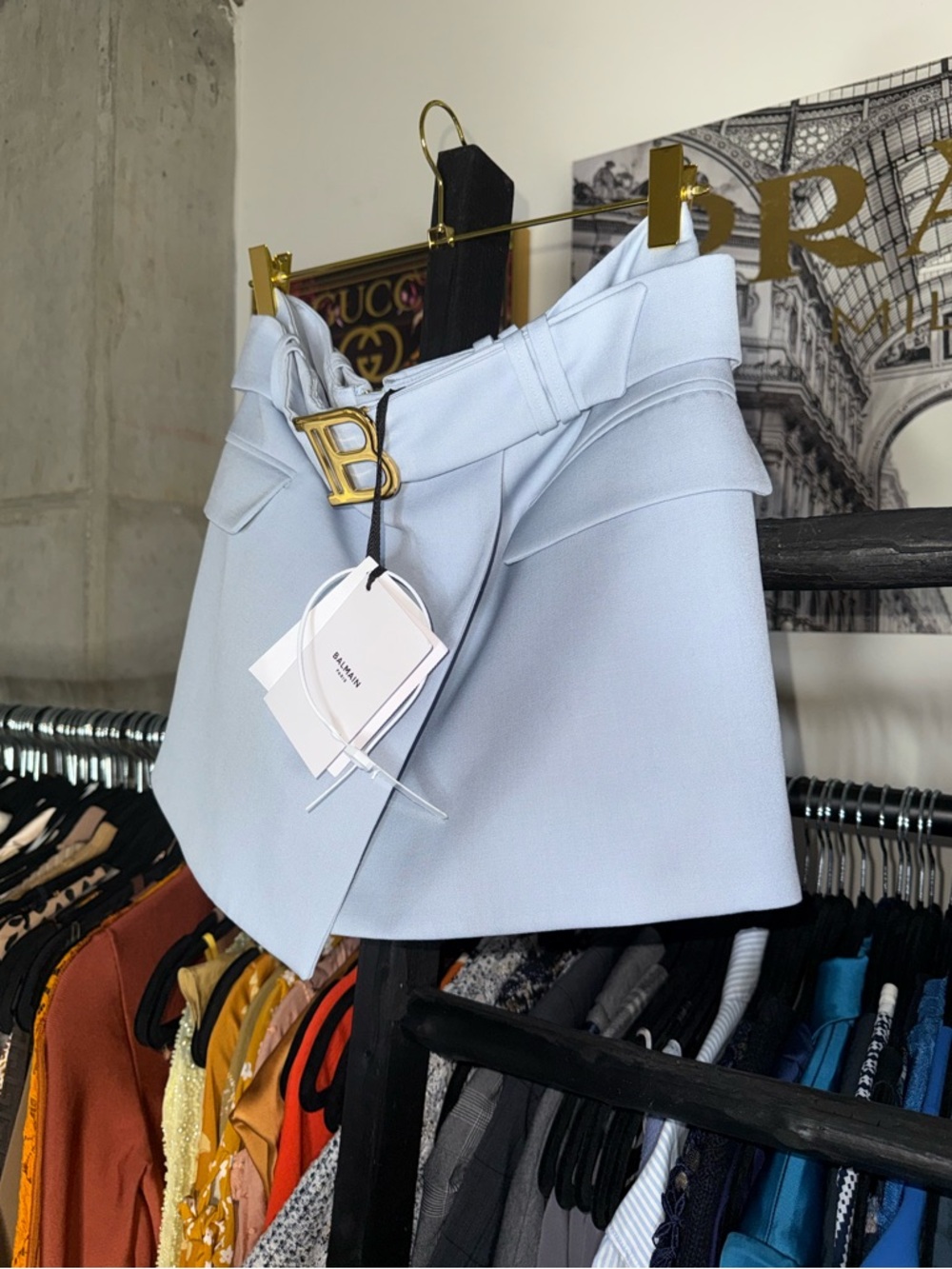 Balmain Wrap Mini Skirt Light Blue Wool Belted Women US6 FR38 Logo Designer Chic - Picture 6 of 16